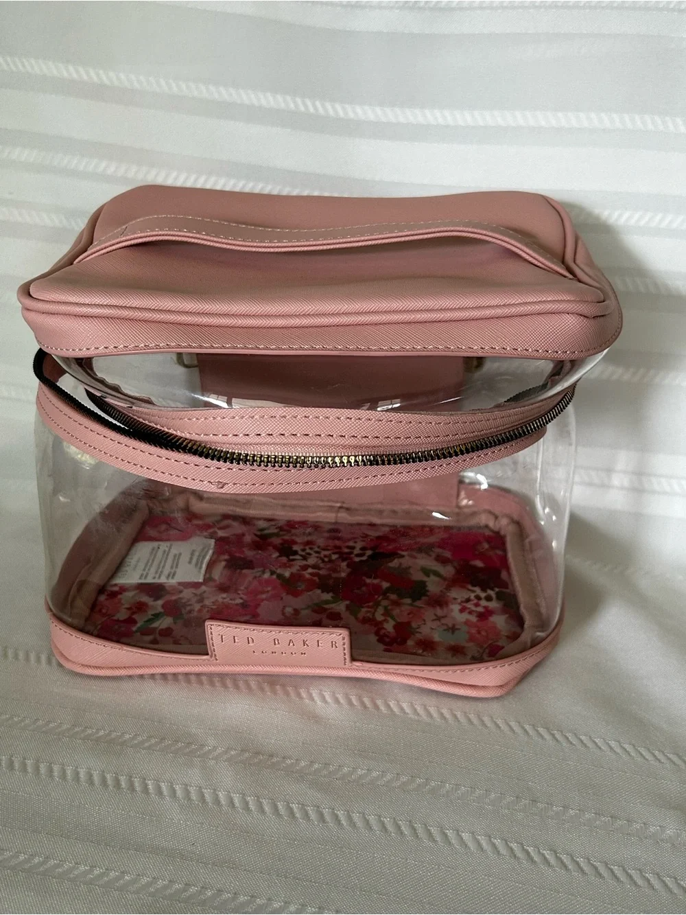 Ted Baker Cosmetic Bag Train Case Pink Clear Floral Travel Makeup Bag 4 Piece